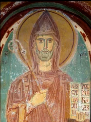 Reprezentace svatého Benedikta z Nursie (6. století) Detail fresky byzantské školy. Počátek 13. stol. Klášter Saint Benoit (Sacro Speco), kaple Saint Gregoire a Subiaco (Řím), Itálie