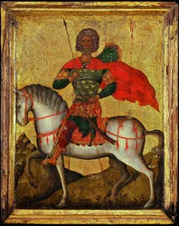 Svatý Menas (Minas, Mina, Mena, Mennas, 285-309) na koni - byzantská ikona. Tempera na panelu, polovina 15. století. Rozměr : 27,3x22 cm Ikonen Museum Recklinghausen