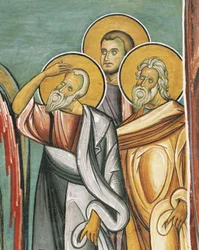 Tři lidé v kostele, Panagia tou Araka, Byzant, pohoří Troodos, Kypr