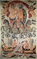 Byzantské umění: Triumf Neptuna a Amfitritu. Neptun a Amphitrite nazí na tanku vypáleném čtyřmi mořskými koňmi. Mozaika 3. století. Rozměr: 3,1 x 1,96 m. Muzeum Louvre, Paříž