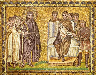 Kristus před Pilátem, který si myje ruce, velekněží a římští vojáci, 6. století (mozaika)