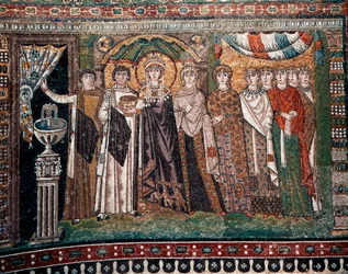 Císařovna Theodora se svým dvorem složeným ze dvou ministrů a sedmi žen, asi 547 n. l. (mozaika)