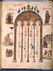 F.4v, kanonické tabulky, z evangelií Rabula, 586 n. l. (tempera na pergamenu)