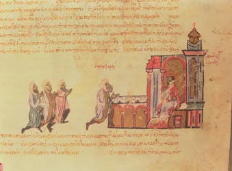 MMS Vitr 26-7 Byzantský císař Romanus III Argyrus (asi 968-1034) přivítá emira Bena Zaraha z madridských Skylitzes (inkoust a zlato na pergamenu)