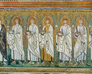 Průvod mučedníků: svatý Klement, Sixtus, Vavřinec, Hippolyt, Kornélius, všichni nesou koruny - symbol mučedníků, 6. století (mozaika)