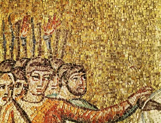 Římští vojáci s pochodněmi, detail "Ježíš zatčený římskými vojáky", 6. století (mozaika)