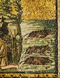 Gadarénská svině aneb vymítání "legie" démonů, 6. století (mozaika)