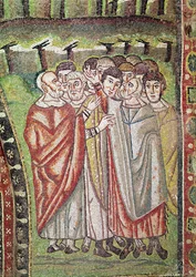 Hebrejský lid, detail Abrahamova pohostinství a obětování Izáka, 6. století (mozaika)