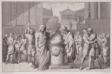 Setkání Camilla a Manlia po ústupu Galů, vyryto B.Barloccini, 1849