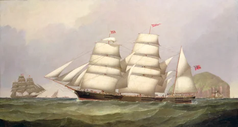 Barque "Undaunted" u Ailsa Craig, s obchodními loděmi za ní