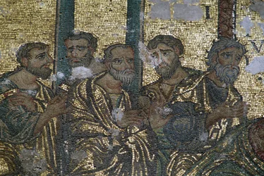 Zobrazení apoštolů, detail z mozaiky Doubt of St Thomas, Kostel Narození Páně (Seznam světového dědictví UNESCO, 2012), Betlém, Palestina