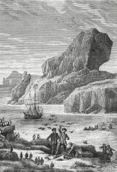 Objev Australské Francie (Kerguelenské ostrovy) francouzským průzkumníkem Yves-Josephem de Kerguelen-Tremarec (1734-1797), únor 1772, rytina, Indický oceán, Území francouzských jižních a antarktických zemí