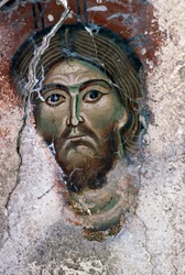 Tvář Krista, detail z fresky v kostele Agios Georgios, Mourne, Kréta, Řecko (foto)