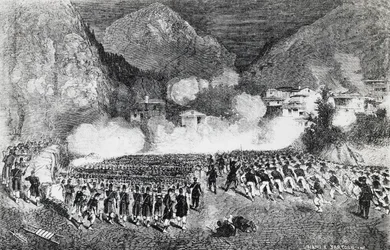 Divize generála Giacoma Mediciho útočí na Levico Terme, Trentino-Alto Adige, červenec 1866, třetí válka za nezávislost, rytina, Itálie