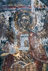 Kůň, poškozená freska na stropě kostela Agios Vasileios, Vavouledo, Kréta, Řecko (foto)