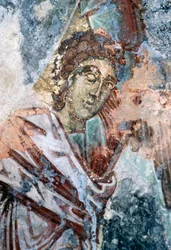 Mužská postava, poškozená freska na stropě kostela Agios Vasileios, Vavouledo, Kréta, Řecko (foto)