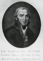 Portrét Giovanniho Battisty Venturiho (1746-1822), italského fyzika, diplomata, historika vědy a objevitele Venturiho efektu, rytina