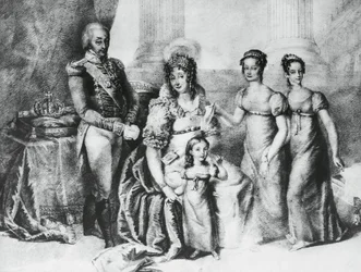 Portrét Viktora Emanuela I., krále Sardinie a vévody Savojského, Piemontu a Aosty, s manželkou Marií Terezií Rakousko-Este a jeho dcerami, Marií Terezií Savojskou (1803-1879), Marií Annou Savojskou a Marií Cristinou Savojskou , rytina