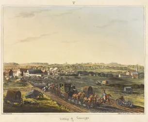 Vesnice Genappe, z „Historické zprávy o bitvě u Waterloo“, rytina Jamese Rouse, barevná akvatinta z roku 1817