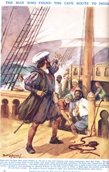 Vasco de Gama: Muž, který našel Cape Route do Indie, ilustrace z „Newnes“ Obrazové knihy znalostí“ (barevné lito)
