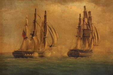 Boj mezi HMS "Crescent" a "Reunion", 20. října 1793: zasažené lodě (malba)