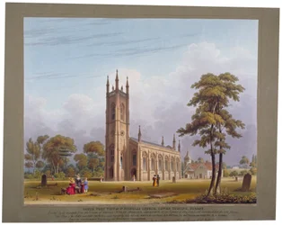 Jihozápadní pohled na St Nicholas Church, Tooting, Londýn, 1832.