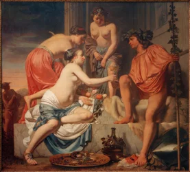 Trůnící Bacchus nymfy podávají Bacchus víno a pá.