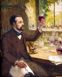 Louis Pasteur studující fermentaci hroznové šťávy