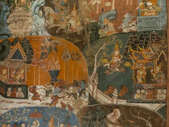Posledních deset předchozích životů Boudha (Dasa Jakata) (detail). Kambodža, druhá polovina 18. století. Malovat