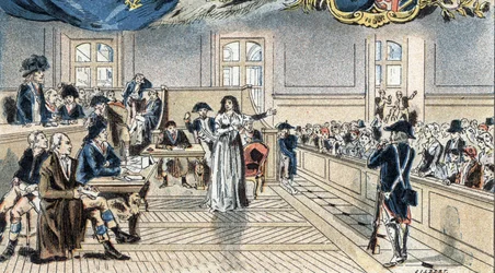 Marie Antoinetta, královna Francie, před soudci při jejím procesu dne 14. října 1793.