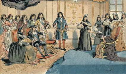 Zastoupení „“ Athalie “ od Jeana Racina před Ludvíkem XIV. (1638-1715) a Madame (Mariquise) de Maintenon (Francoise d