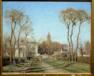 Vjezd do vesnice Voisins-le-Bretonneux. Obraz Camille Pissarra (1830-1903), 1872. Slunce. 0,46 x 0,55 m, Paříž, Musée d