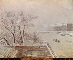 Ráno v Louvru, sněhový efekt. Obraz Camille Pissarro (1830-1903) 1902. Olej na plátně. Rozměr: 65 x 81 cm. Londýn, Národní galerie