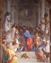 Cizoložnice před Kristem, freska od Camilla Boccaccina (1501-1546) v presbytáři kostela San Sigismondo, Cremona, Itálie