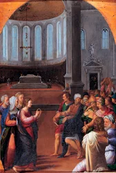 "Kristus mezi lékaři" (Kristus mezi lékaři) Malba Camilla Filippiho (1500-1574) Olej na dřevě 1550 Rozměr 47x33 cm Musei Capitolini, Řím