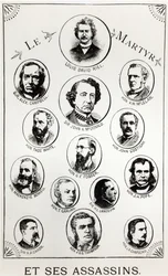 Louis Riel (1844-85) a jeho vrazi, ilustrace z Le Gibet de Regina, vydáno 1886