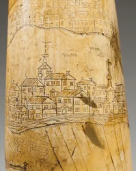 Prašný roh s vyrytou mapou řeky St. Lawrence v oblasti Quebecu, kolem roku 1759