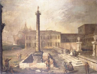 Capriccio z Piazza před palácem se sloupem Marca Aurelia,