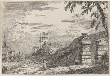 Krajina s věží a dvěma zničenými sloupy, c. 17351746.