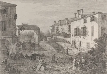Brány Dola: oválná nádrž zdymadel v Dolo s člunem uvázaným u nábřeží..., 1735-46.