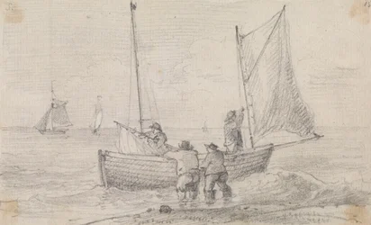 Náčrt skupiny připravující plachty poblíž pobřeží, Hastings