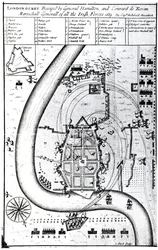 Londonderry v obležení generálem Hamiltonem a Conradem de Rosenem, ryl J. Sturt, 1689