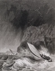 Lodě u ostrova Walden ve sněhové bouři, 12. srpna 1827, z časopisu Journal of a Third Voyage pro objev severozápadní plavby z Atlantiku do Pacifiku provedené v letech 1824-25