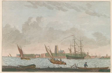 Dordrecht z Merwede, asi 1790 Dordrecht van de Merwe na displeji / La ville Dordrecht - cena du coté dela riviere dite la Merwe (název na objektu)