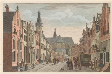 Langestraat v Alkmaaru, asi 1790 Langestraat, radnice a Grote Kerk v Alkmaar / Rue longue - Hotel de Ville - et grande Eglise à Alkmaar (název na objektu)