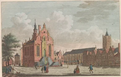 Trh a radnice Schiedam, asi 1790 Trh a radnice v Schiedam / Marché a hotel de ville à Schiedam (název na objektu)