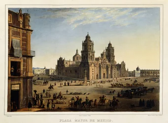 Plaza Mayor, Mexiko, kolem roku 1839 (barevná litografie)