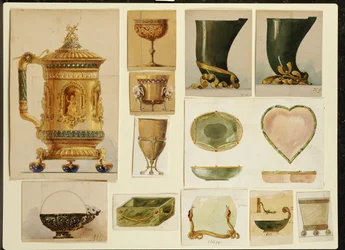 Výběr vzorů, House of Carl Faberge (tužka a akvarel zvýrazněné bílou a zlatou na kartě)
