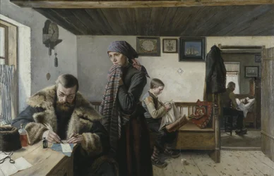 Visite a domicile du docteur - Doctor Home Visit, Aspelin, Karl (1857-1932). Olej na plátně. Rozměr: 137,5 x 212 cm. Národní muzeum Stockholm