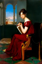 ""Portrét mladé ženy držící kreslící nástroje"" (Mladá dáma s náčiním) Malba Carl Christian Vogel von Vogelstein (1788-1868) 1816 Olej na plátně Rozměr 70x48,5 cm Státní umělecká galerie, Drážďany